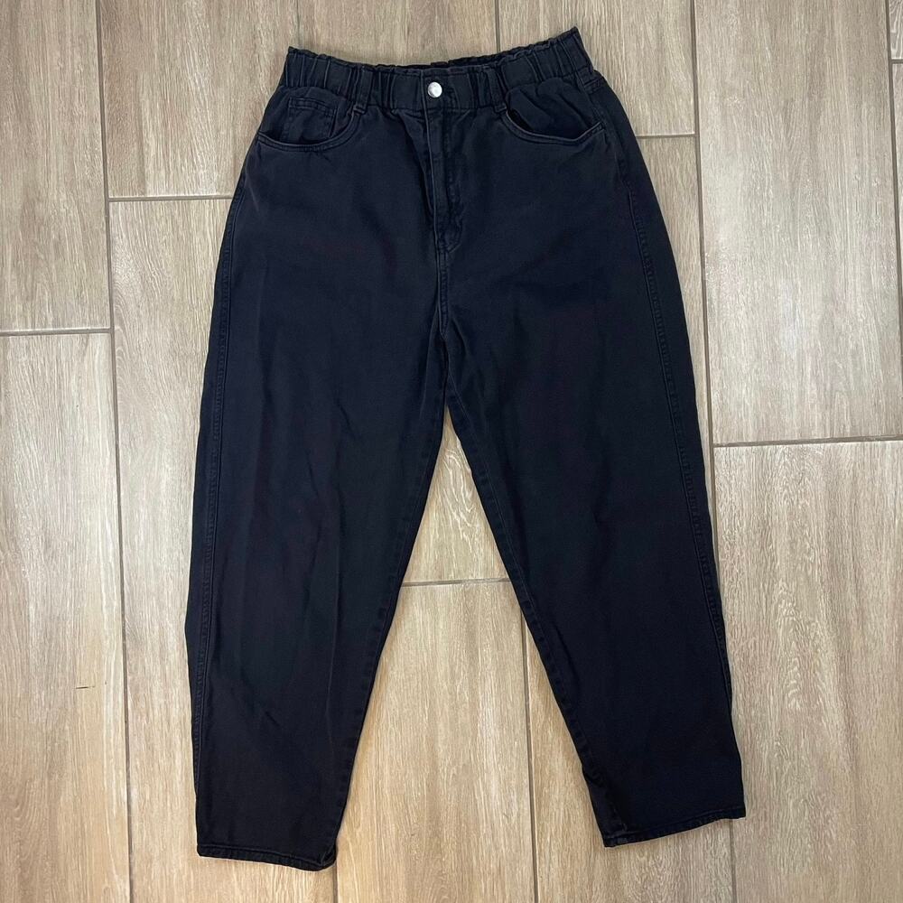 H&M Womens Black Cotton Twill Pull On Cropped Pants Elastic Waist Size 8